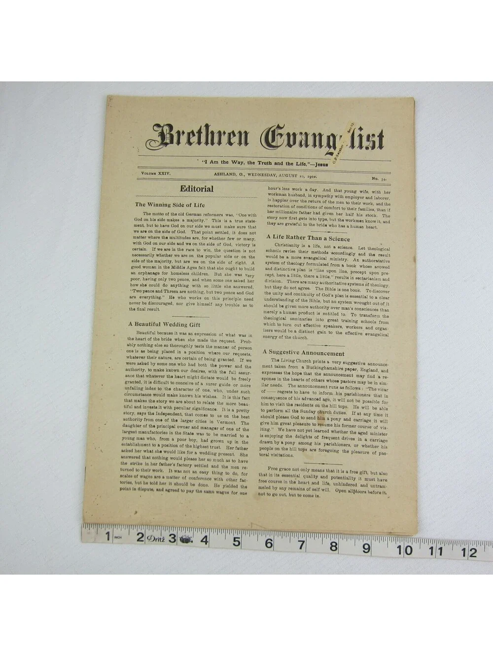 Brethren Evangelist Christian Newspaper Ashland Ohio Antique August 20th 1902